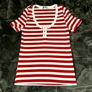 White Birch T-Shirt Womens Small Red White Striped Ribbed Henley Scoop Neck